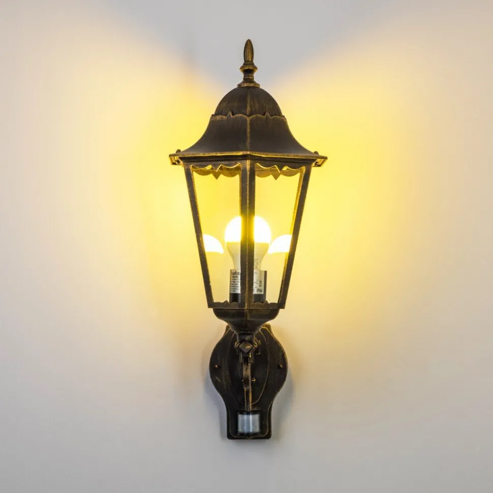 Applique Murale D'Exterieur Hongkong Brun Dore, 1 Lumiere, Detecteur De Mouvement