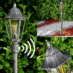 Lampadaire Exterieur Lignac Noir, Argente, 1 Lumiere, Detecteur De Mouvement