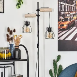 Lampadaire Gondo Bois Clair, Noir, 2 Lumieres