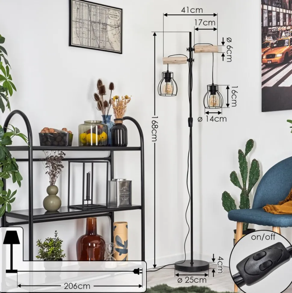Lampadaire Gondo Bois Clair, Noir, 2 Lumieres