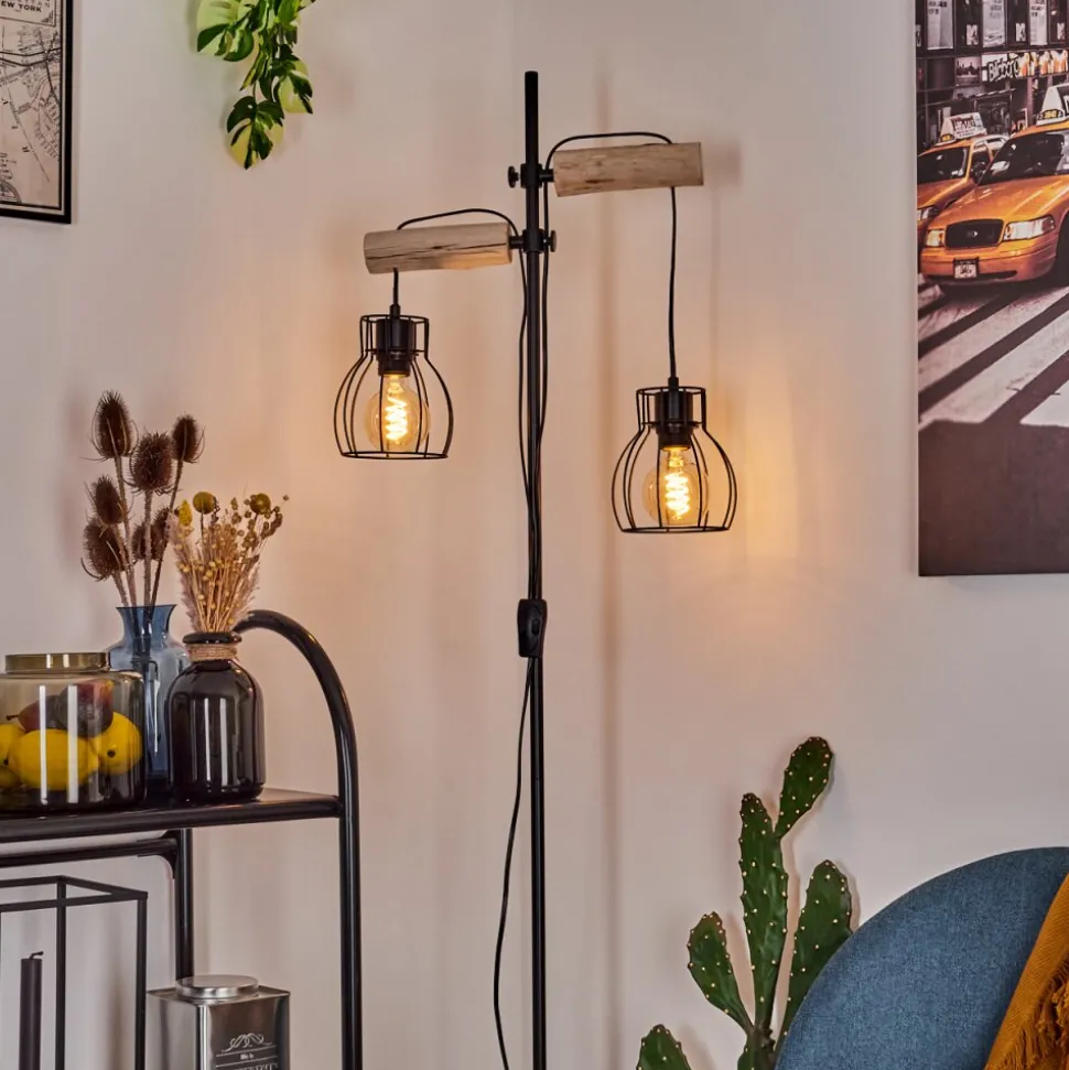 Lampadaire Gondo Bois Clair, Noir, 2 Lumieres