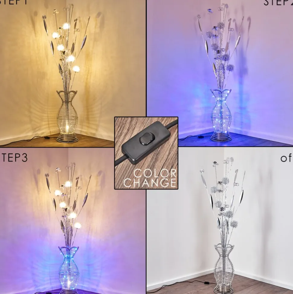 Lampadaire Holar Led Chrome, 6 Lumieres, Changeur De Couleurs