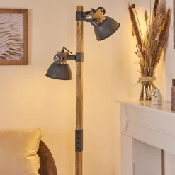 Lampadaire Orny Gris, Bois Clair, 2 Lumieres