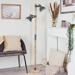 Lampadaire Orny Gris, Bois Clair, 2 Lumieres