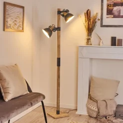 Lampadaire Orny Gris, Bois Clair, 2 Lumieres