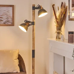 Lampadaire Orny Gris, Bois Clair, 2 Lumieres