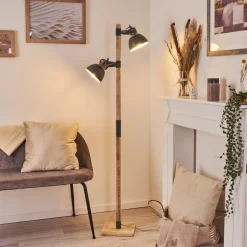 Lampadaire Orny Gris, Bois Clair, 2 Lumieres