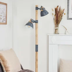 Lampadaire Orny Gris, Bois Clair, 2 Lumieres