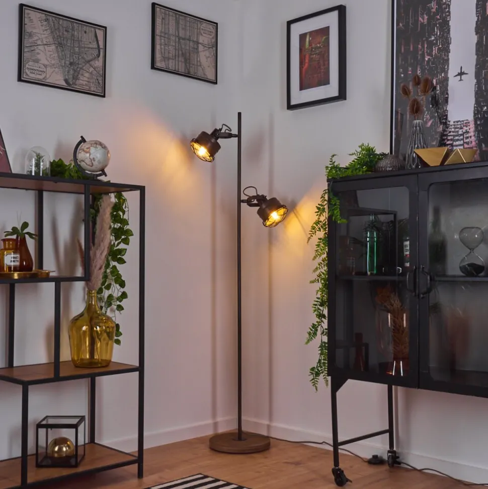 Lampadaire Pehefito Gris, Bois Fonce, Noir, 2 Lumieres
