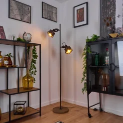 Lampadaire Pehefito Gris, Bois Fonce, Noir, 2 Lumieres