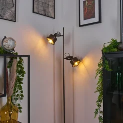Lampadaire Pehefito Gris, Bois Fonce, Noir, 2 Lumieres