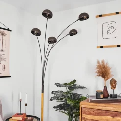 Lampadaire Siamado Bois Fonce, Nickel Mat, 5 Lumieres