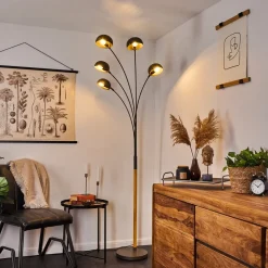 Lampadaire Siamado Bois Fonce, Nickel Mat, 5 Lumieres
