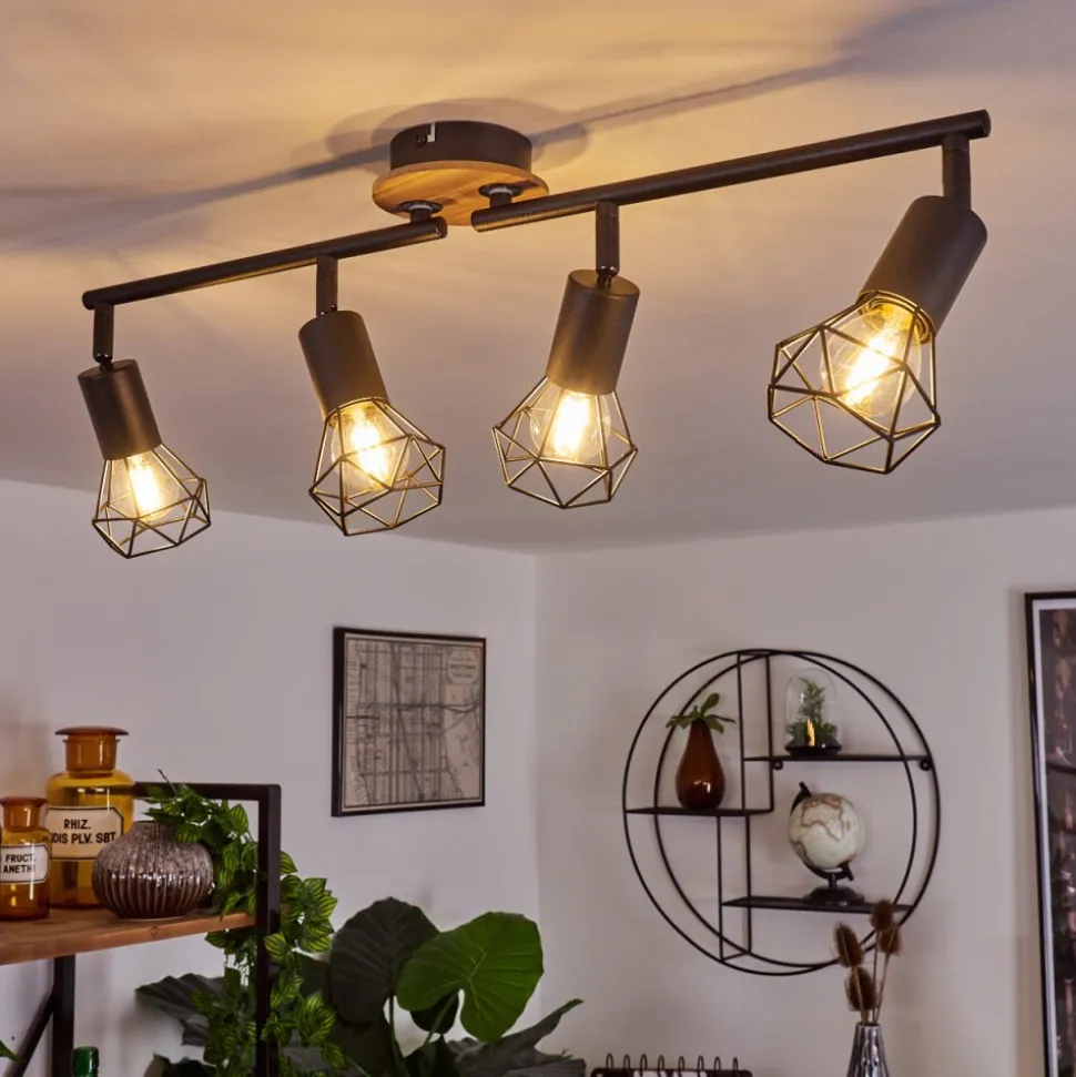 Plafonnier Baripada Bois Fonce, Noir, 4 Lumieres