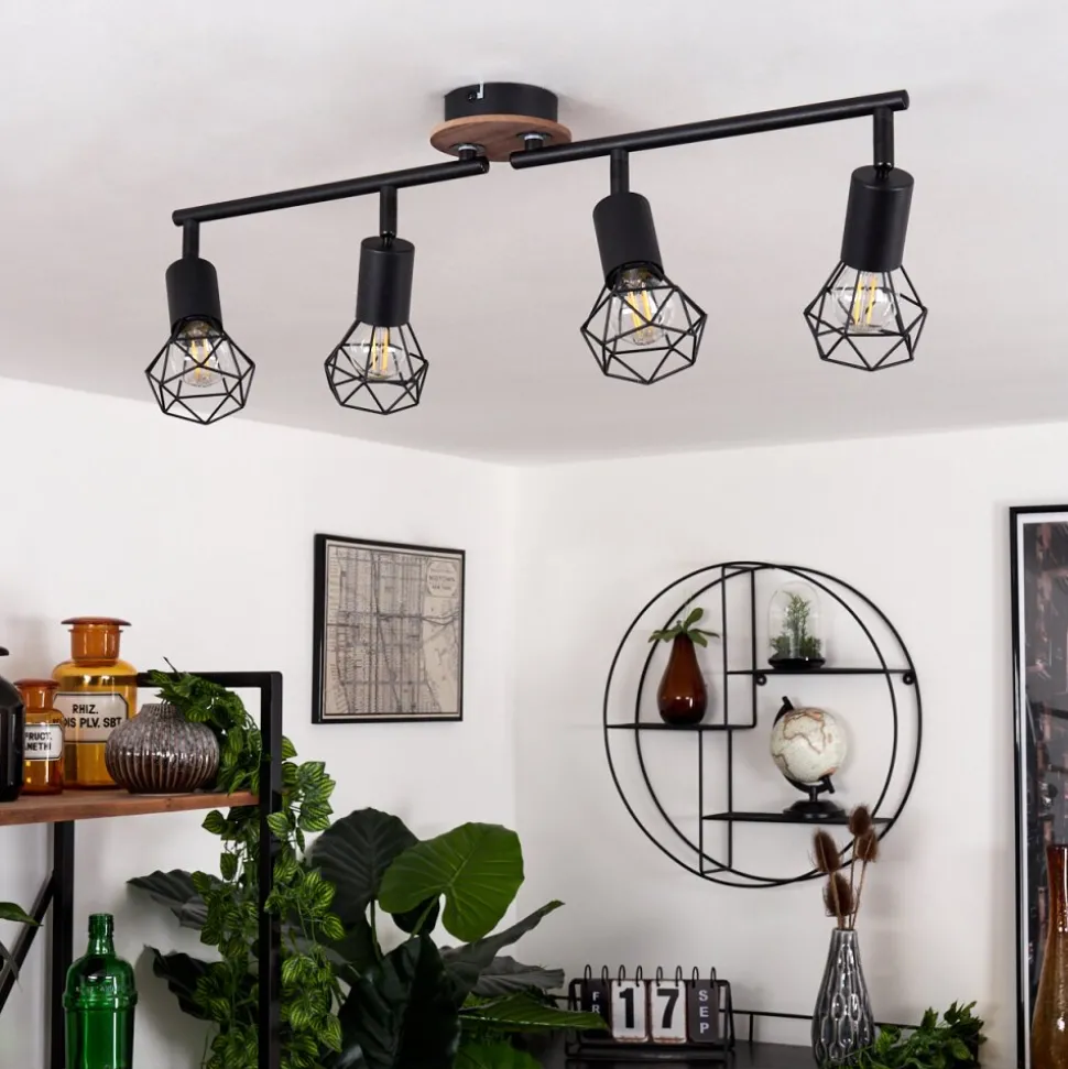 Plafonnier Baripada Bois Fonce, Noir, 4 Lumieres