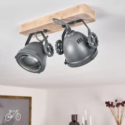 Plafonnier Herford Gris, Bois Clair, 2 Lumieres