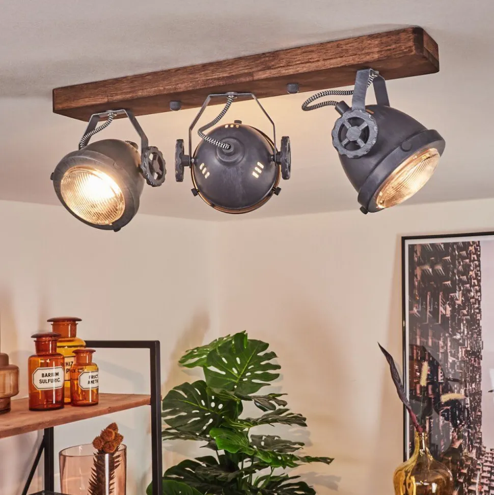 Plafonnier Herford Gris, Bois Fonce, 3 Lumieres