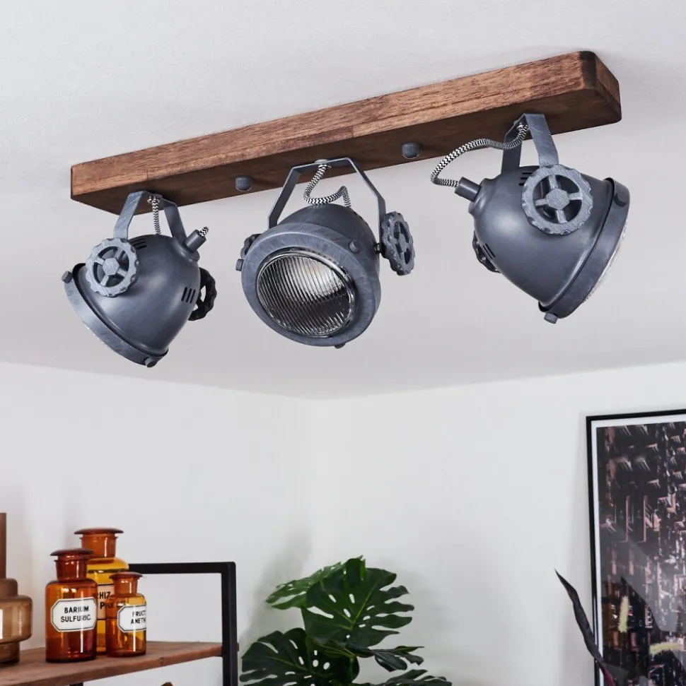 Plafonnier Herford Gris, Bois Fonce, 3 Lumieres