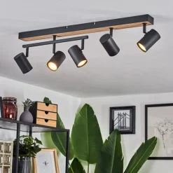 Plafonnier Javel Brun, Couleur Bois, Noir, 5 Lumieres