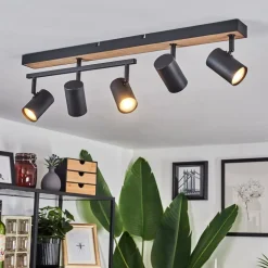 Plafonnier Javel Brun, Couleur Bois, Noir, 5 Lumieres