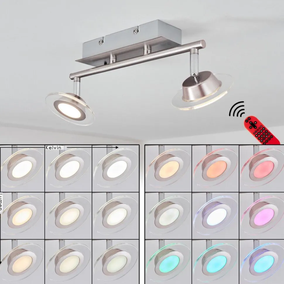 Plafonnier Marsen Led Chrome, Nickel Mat, 2 Lumieres, Telecommandes, Changeur De Couleurs