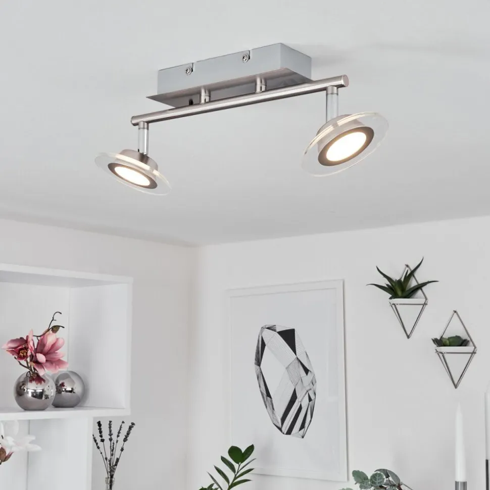 Plafonnier Marsen Led Chrome, Nickel Mat, 2 Lumieres, Telecommandes, Changeur De Couleurs