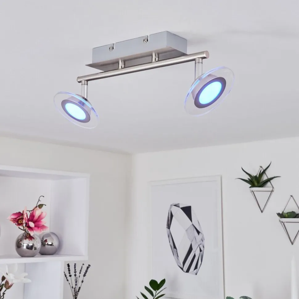 Plafonnier Marsen Led Chrome, Nickel Mat, 2 Lumieres, Telecommandes, Changeur De Couleurs