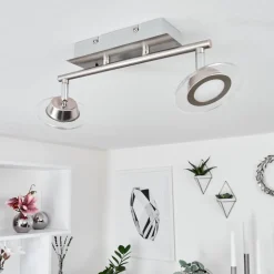 Plafonnier Marsen Led Chrome, Nickel Mat, 2 Lumieres, Telecommandes, Changeur De Couleurs