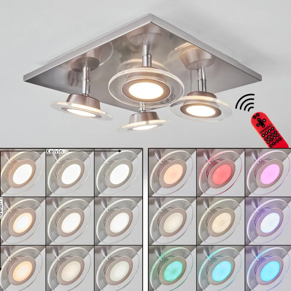 Plafonnier Marsen Led Nickel Mat, 4 Lumieres, Telecommandes, Changeur De Couleurs