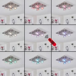 Plafonnier Marsen Led Nickel Mat, 4 Lumieres, Telecommandes, Changeur De Couleurs
