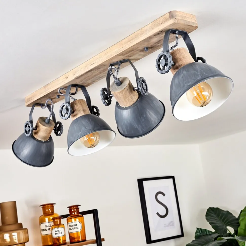Plafonnier Orny Gris, Bois Clair, 4 Lumieres