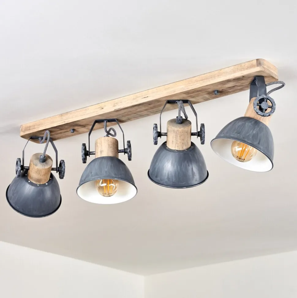 Plafonnier Orny Gris, Bois Clair, 4 Lumieres