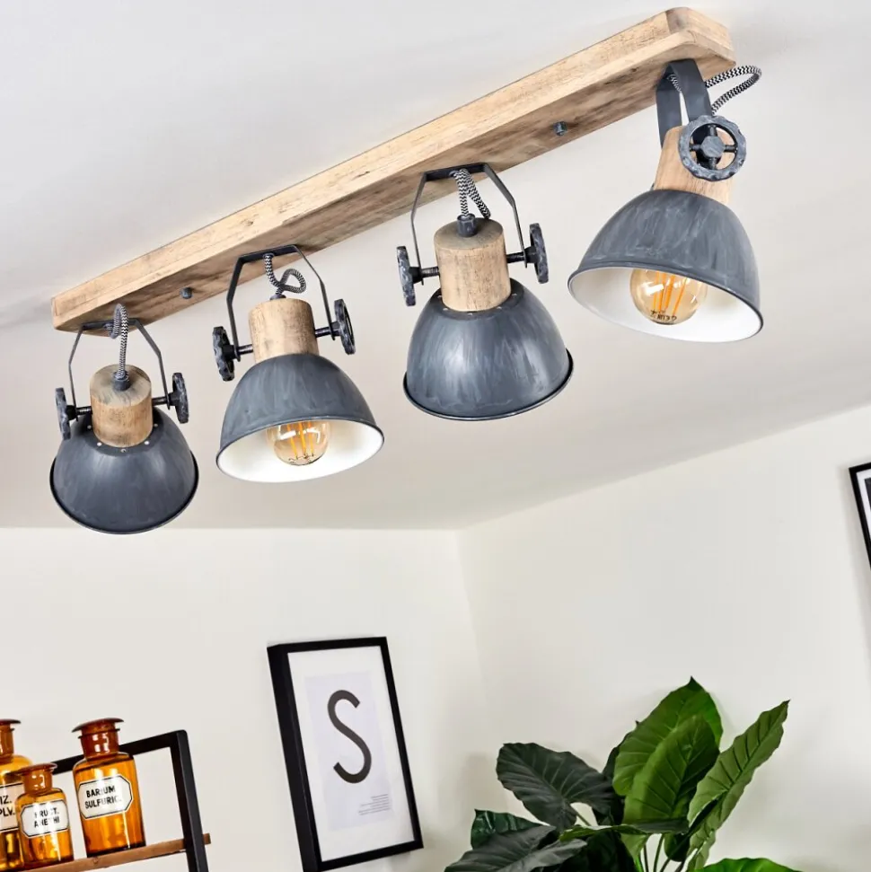 Plafonnier Orny Gris, Bois Clair, 4 Lumieres