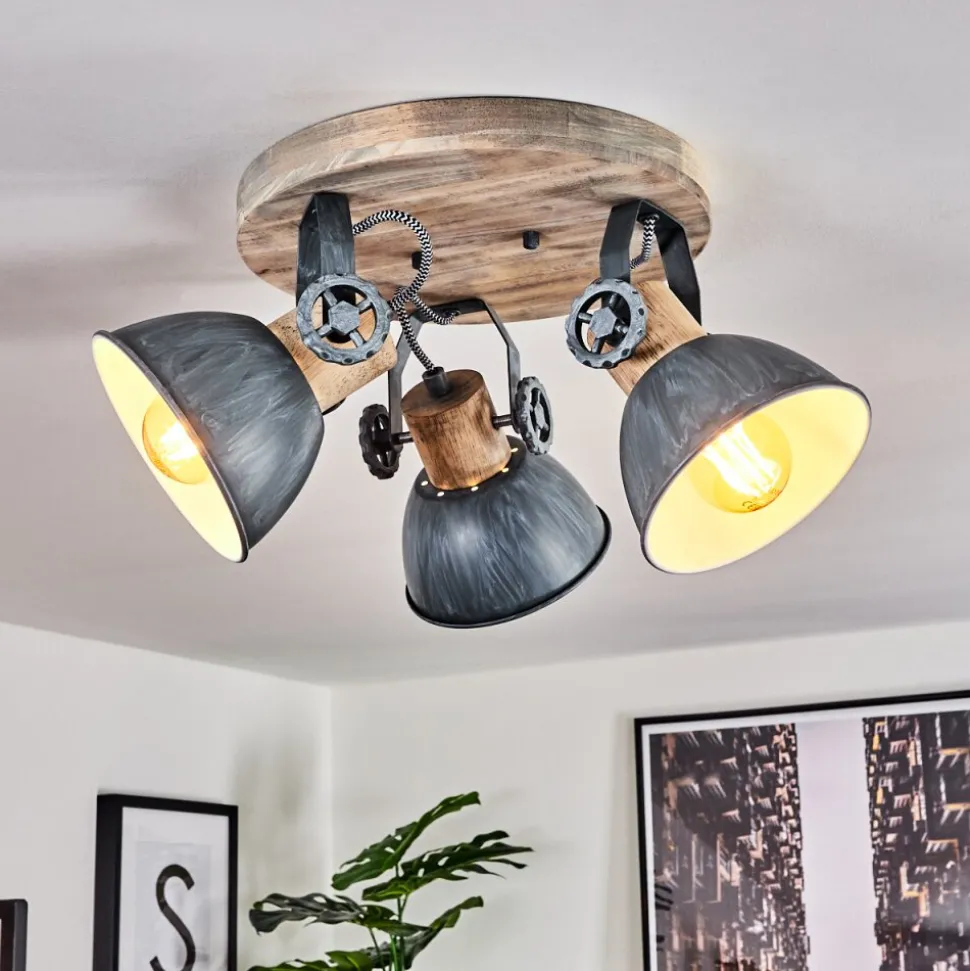 Plafonnier Orny Gris, Bois Clair, 3 Lumieres