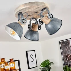 Plafonnier Orny Gris, Bois Clair, 3 Lumieres