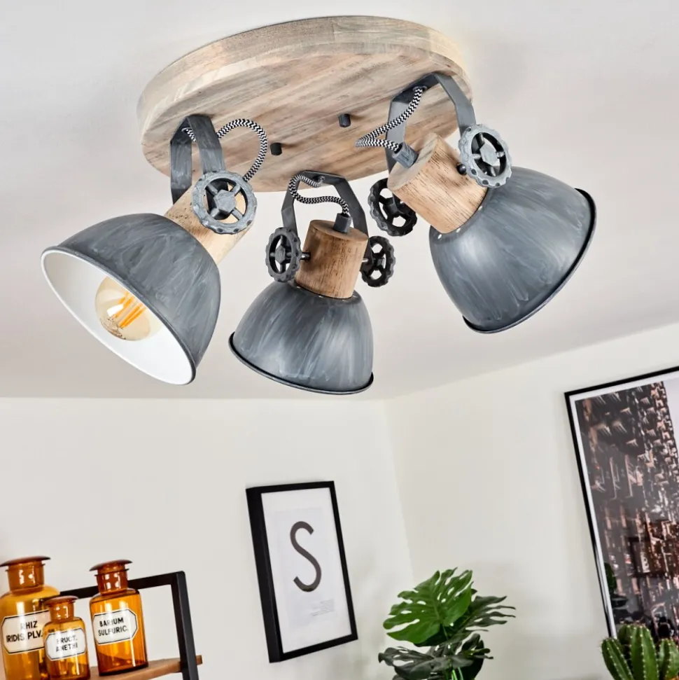 Plafonnier Orny Gris, Bois Clair, 3 Lumieres