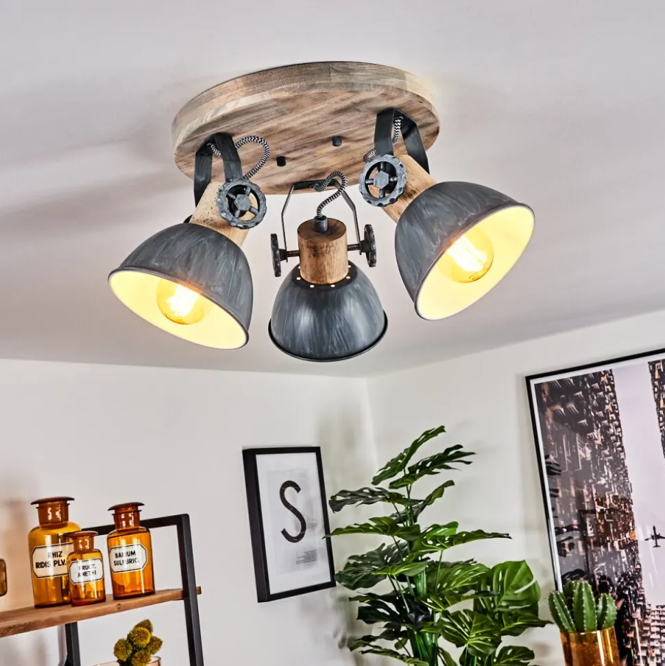 Plafonnier Orny Gris, Bois Clair, 3 Lumieres