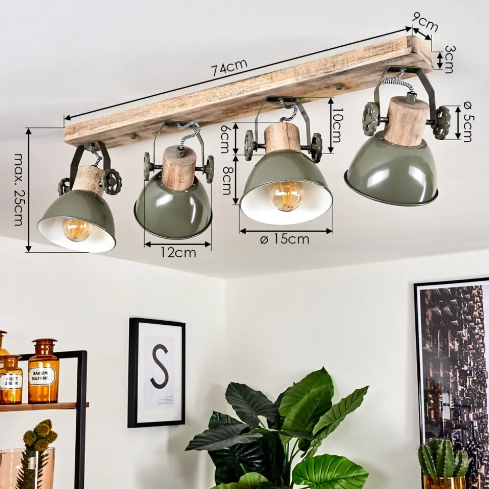 Plafonnier Orny Vert, Bois Clair, 4 Lumieres