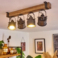 Plafonnier Pehefito Gris, Bois Fonce, Noir, 4 Lumieres