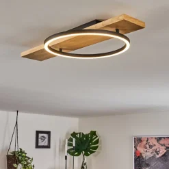 Plafonnier Pompu Led Bois Clair, Noir, 1 Lumiere