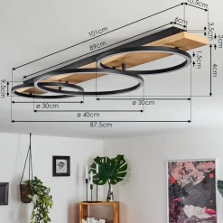 Plafonnier Pompu Led Bois Clair, Noir, 3 Lumieres