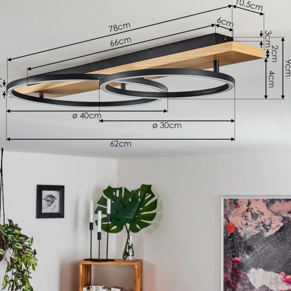 Plafonnier Pompu Led Bois Clair, Noir, 2 Lumieres
