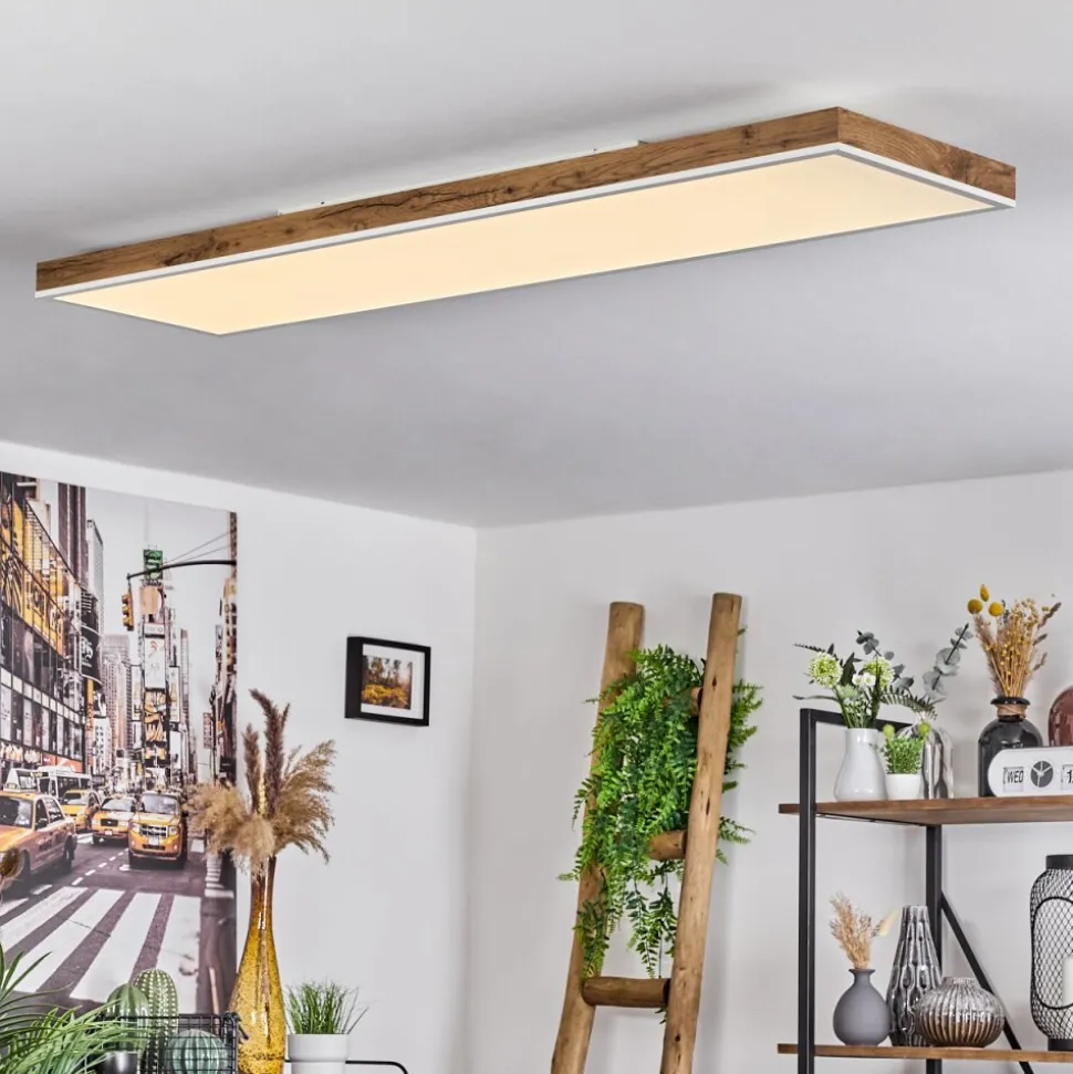 Plafonnier Salmi Led Brun, Couleur Bois, Blanc, 1 Lumiere, Telecommandes