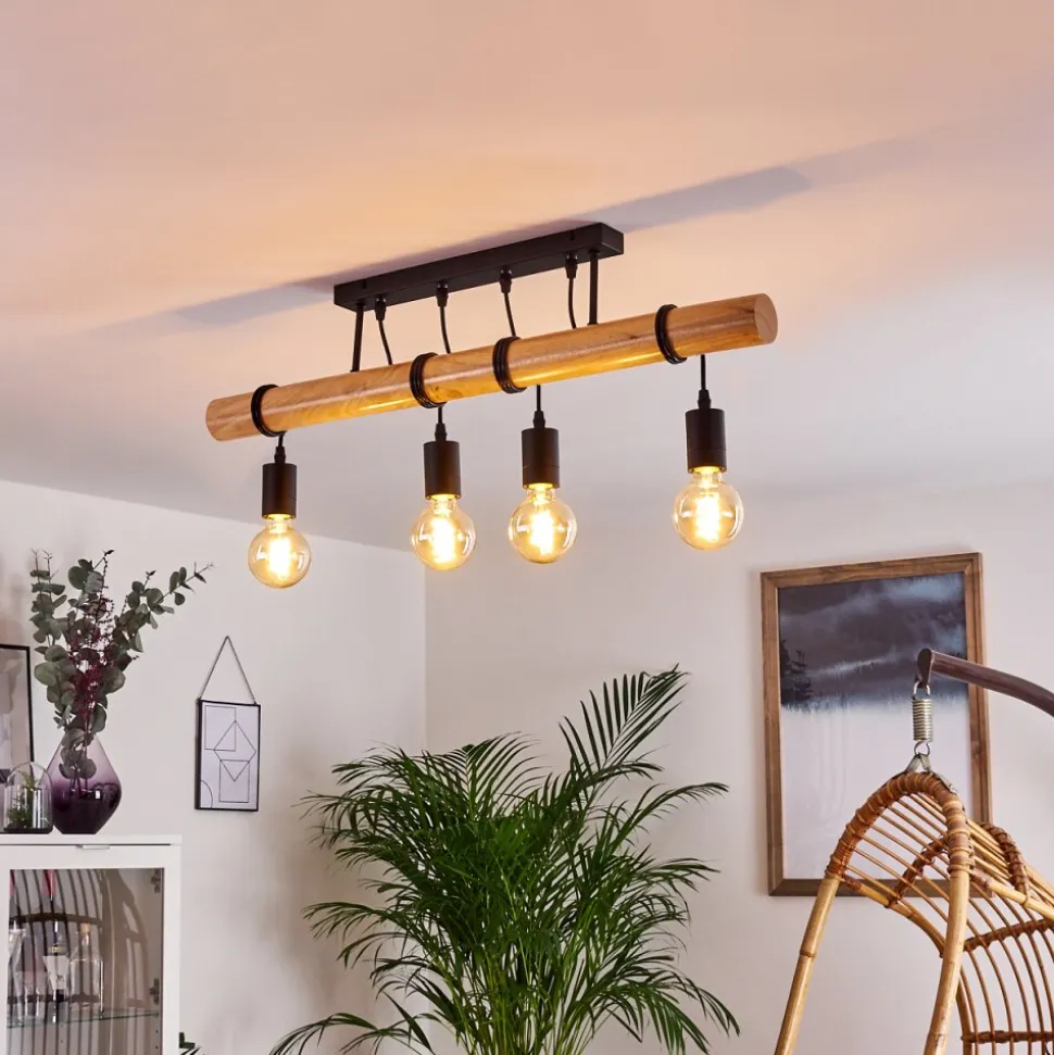 Plafonnier Yaak Bois Clair, Noir, 4 Lumieres