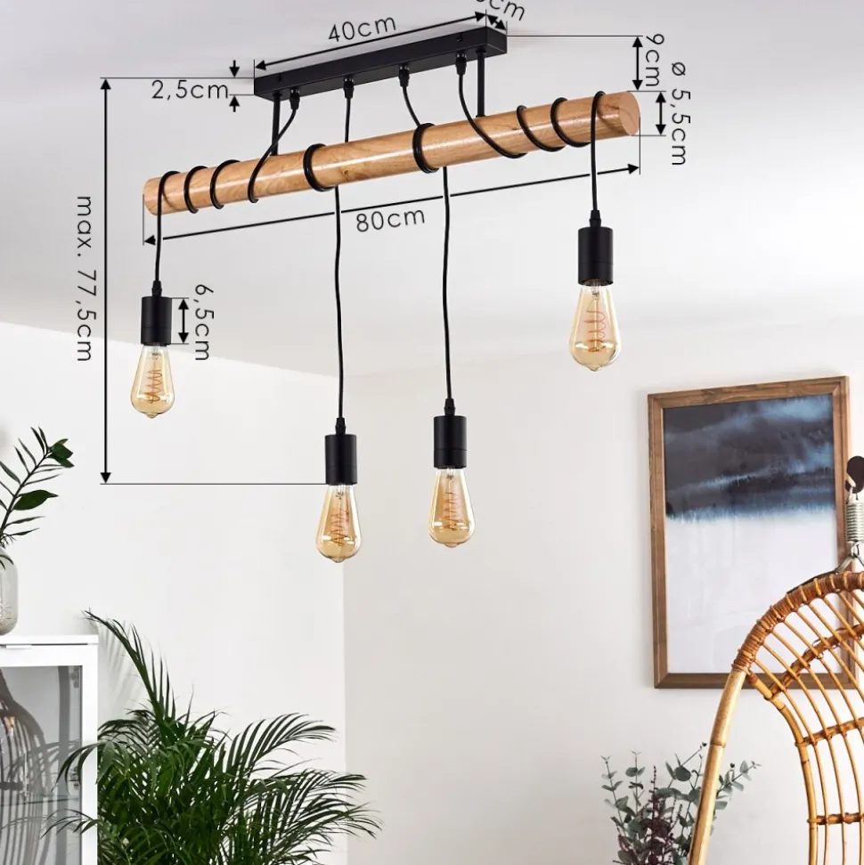 Plafonnier Yaak Bois Clair, Noir, 4 Lumieres
