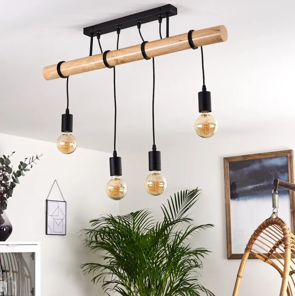 Plafonnier Yaak Bois Clair, Noir, 4 Lumieres