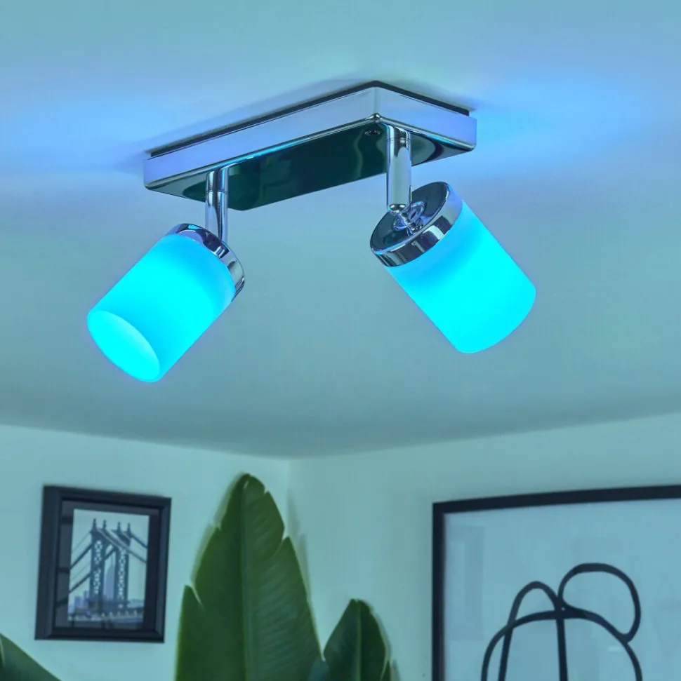 Plafonniercerejeiras Led Chrome, 2 Lumieres, Telecommandes, Changeur De Couleurs
