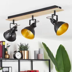 Plafonniertina Chrome, Bois Clair, Noir, 3 Lumieres