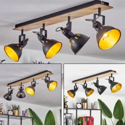 Plafonniertina Chrome, Bois Clair, Noir, 4 Lumieres