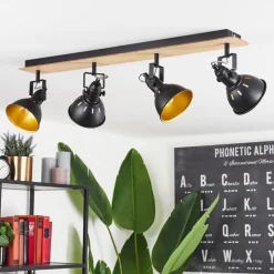 Plafonniertina Chrome, Bois Clair, Noir, 4 Lumieres